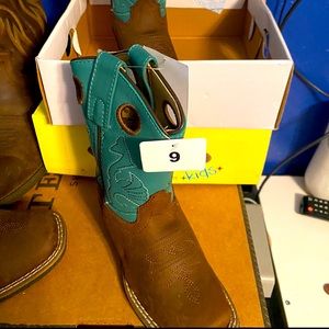 Masterson RB2010C Turquoise Brown Leather Western Cowboy Boots Youth Kids 9M